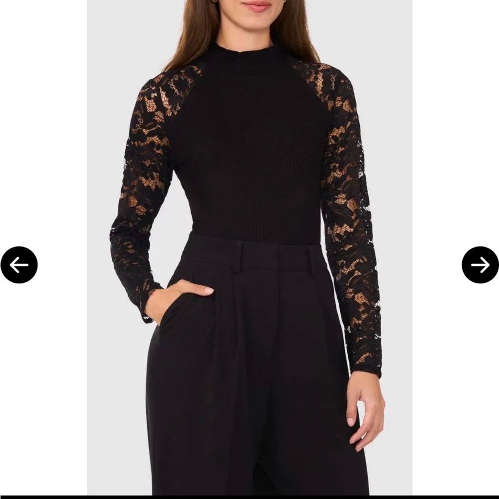 Halogen Black Lace-Sleeve Mock Neck Long Sleeve Top